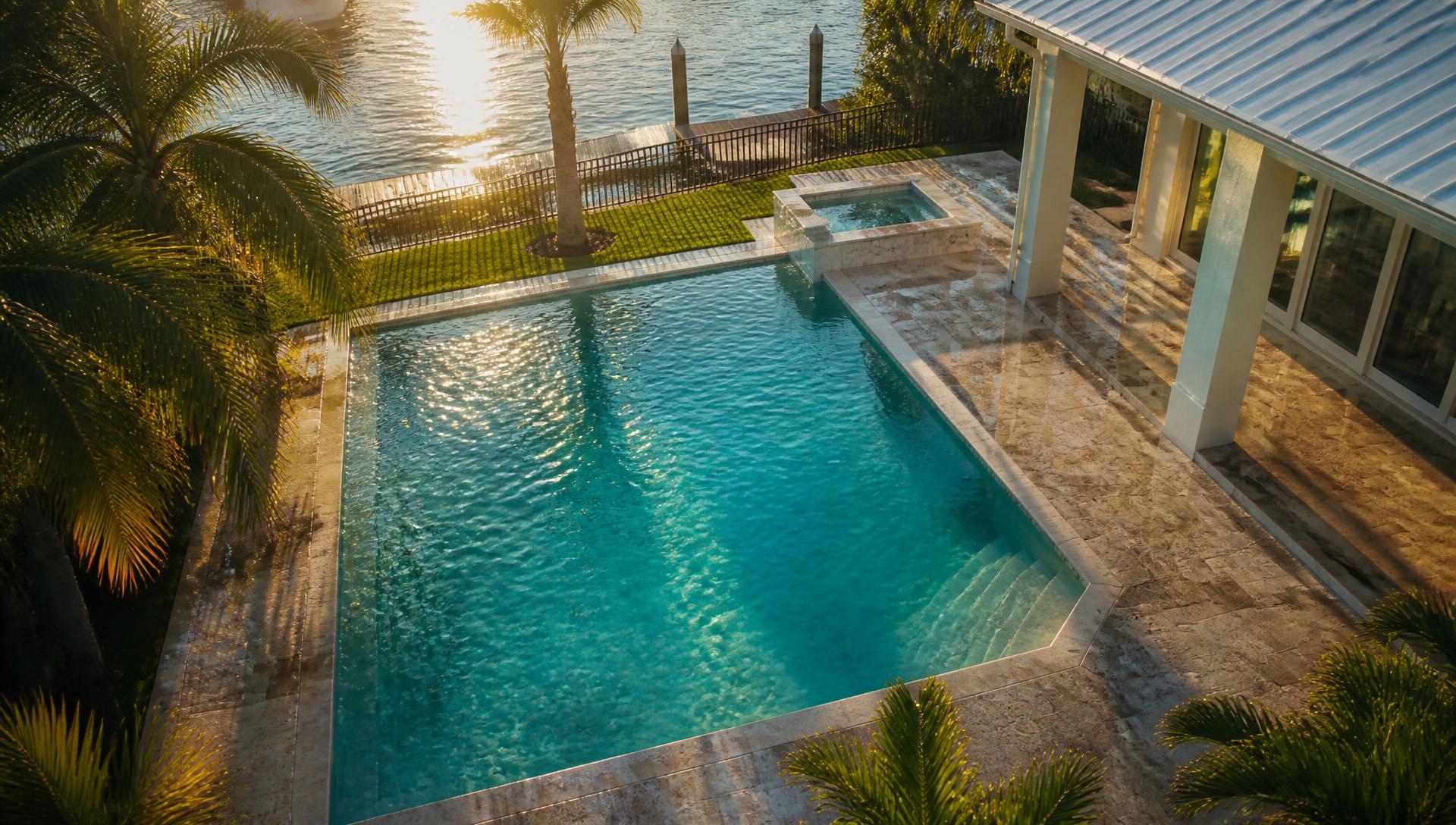 Turquoise residential swimming pool at golden hour beside a coastal Florida home in Satellite Beach